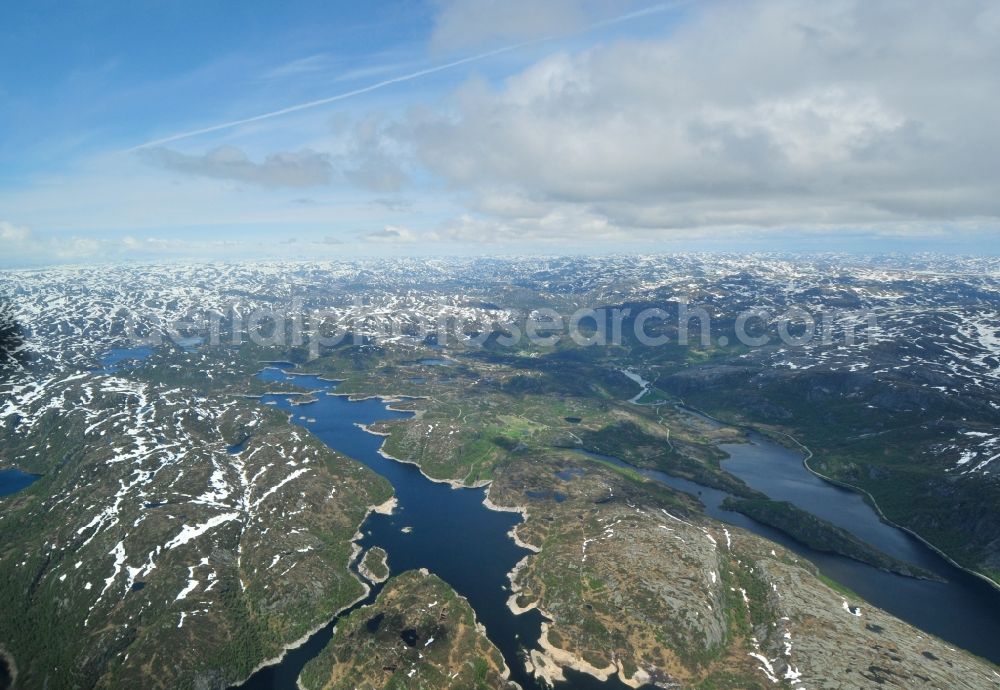 Sirdal from the bird's eye view: View of the rugged fjords with snow named Valevatn near Sirdal in the province of Vest-Agder in Norway