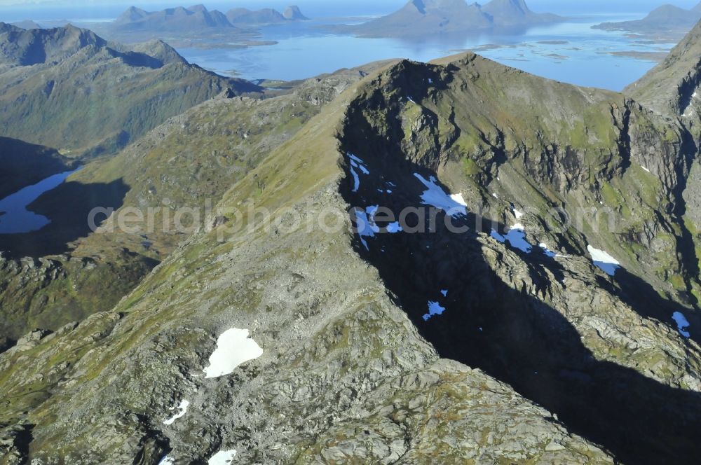 Trom from the bird's eye view: Landscape rugged mountains and fjords in Troms Province Harstad in Norway