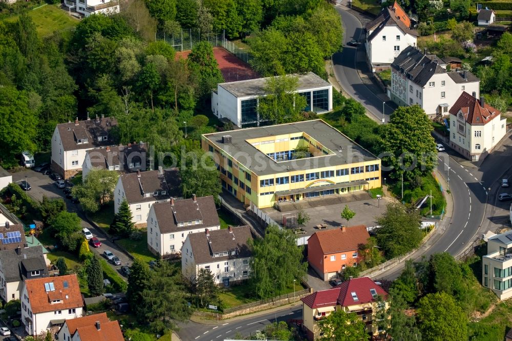 Hagen from above - Refugee and asylumseekers facilities in the school building of Regenbogenschule in the district of Hohenlimburg in Hagen in the state of North Rhine-Westphalia