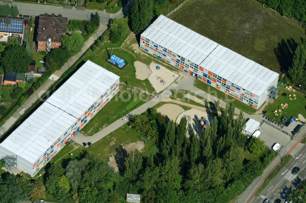 Berlin from above - Container settlement as temporary shelter and reception center for refugees on Blumberger Damm corner Landsberger Allee in the district Bezirk Marzahn in Berlin