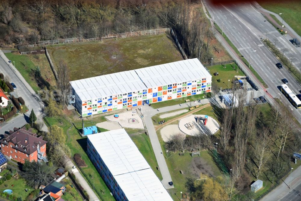 Berlin from above - Container settlement as temporary shelter and reception center for refugees on Blumberger Damm in the district Bezirk Marzahn-Hellersdorf in Berlin