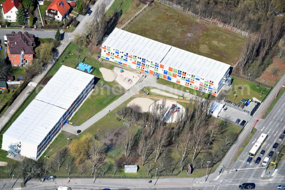 Berlin from the bird's eye view: Container settlement as temporary shelter and reception center for refugees on Blumberger Damm in the district Bezirk Marzahn-Hellersdorf in Berlin