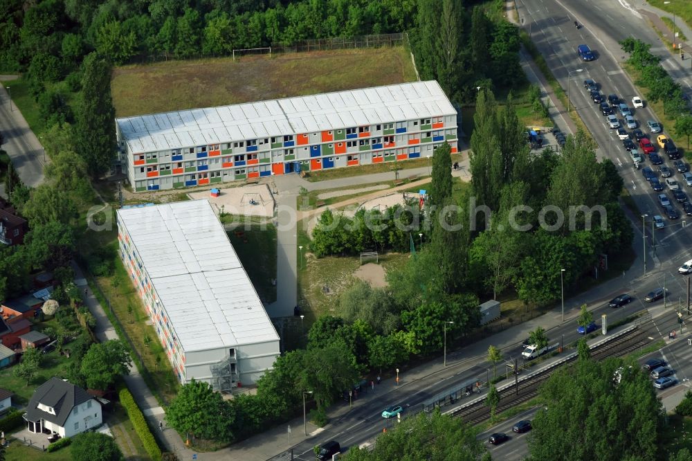 Berlin from above - Container settlement as temporary shelter and reception center for refugees on Blumberger Damm in the district Bezirk Marzahn-Hellersdorf in Berlin