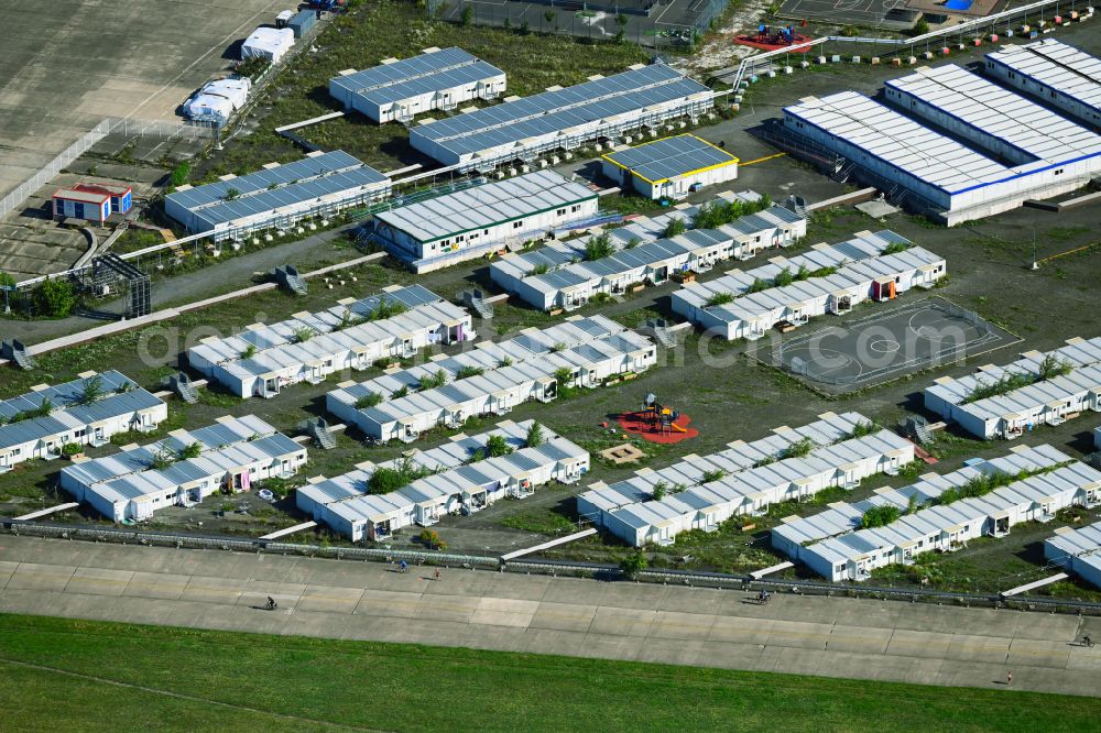 Berlin from the bird's eye view: Container settlement as temporary shelter and reception center for refugees on Columbiadamm in the district Tempelhof in Berlin, Germany