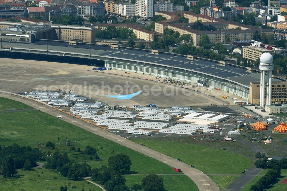 Berlin from the bird's eye view: Container settlement as temporary shelter and reception center for refugees on Columbiadamm in the district Tempelhof in Berlin, Germany