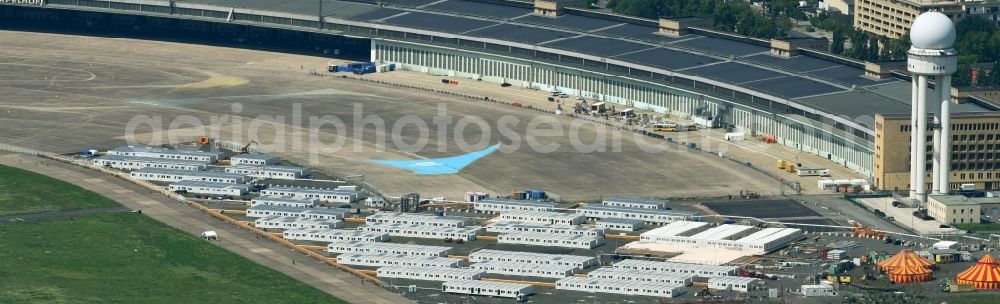 Aerial image Berlin - Container settlement as temporary shelter and reception center for refugees on Columbiadamm in the district Tempelhof in Berlin, Germany