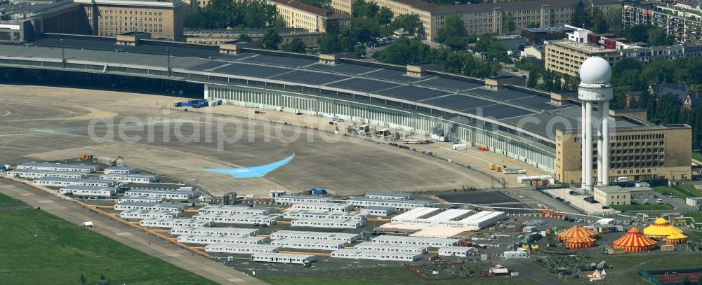 Berlin from above - Container settlement as temporary shelter and reception center for refugees on Columbiadamm in the district Tempelhof in Berlin, Germany