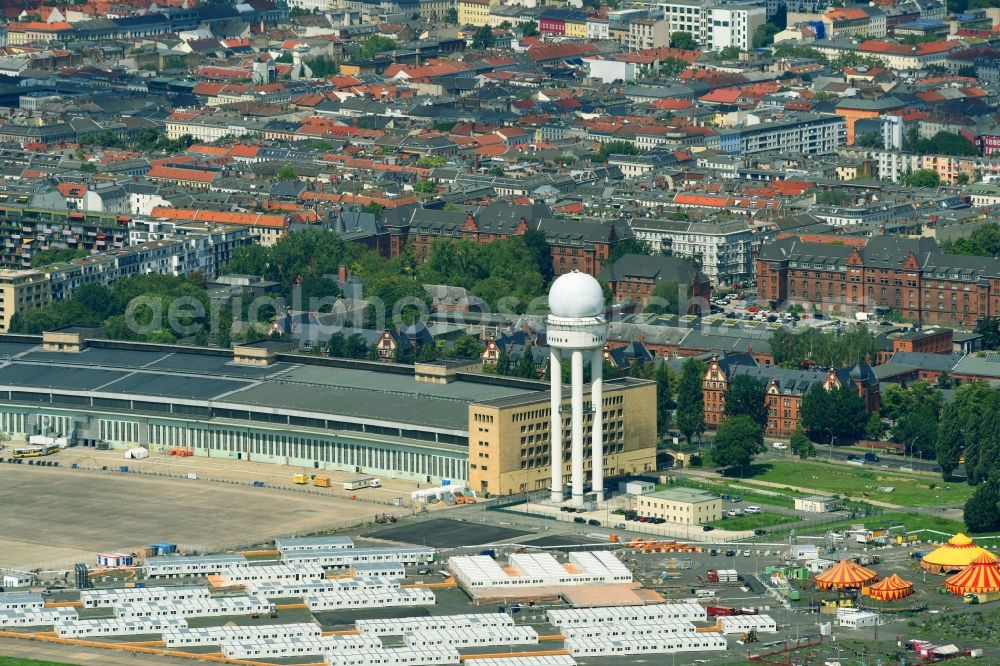 Berlin from above - Container settlement as temporary shelter and reception center for refugees on Columbiadamm in the district Tempelhof in Berlin, Germany