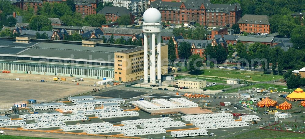 Berlin from the bird's eye view: Container settlement as temporary shelter and reception center for refugees on Columbiadamm in the district Tempelhof in Berlin, Germany