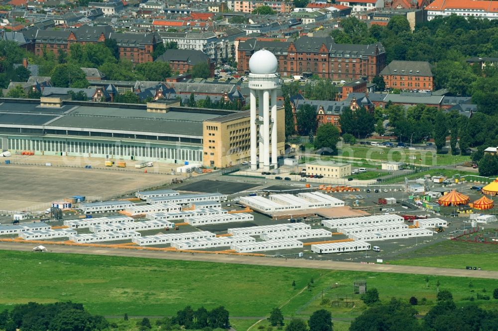 Aerial photograph Berlin - Container settlement as temporary shelter and reception center for refugees on Columbiadamm in the district Tempelhof in Berlin, Germany