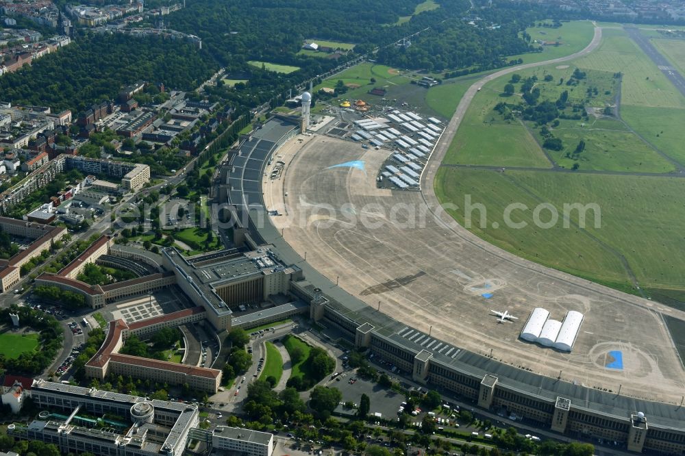 Berlin from above - Container settlement as temporary shelter and reception center for refugees on Columbiadamm in the district Tempelhof in Berlin, Germany