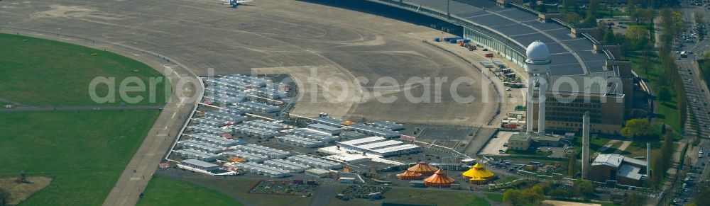 Berlin from above - Container settlement as temporary shelter and reception center for refugees on Columbiadamm in the district Tempelhof in Berlin, Germany