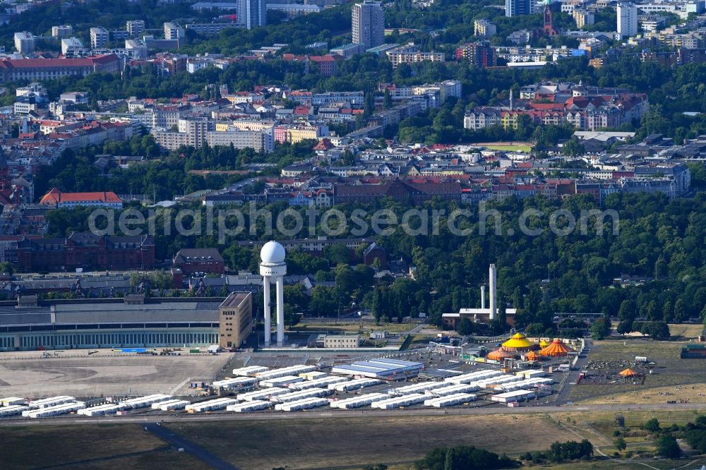 Berlin from above - Container settlement as temporary shelter and reception center for refugees on Columbiadamm in the district Tempelhof in Berlin, Germany