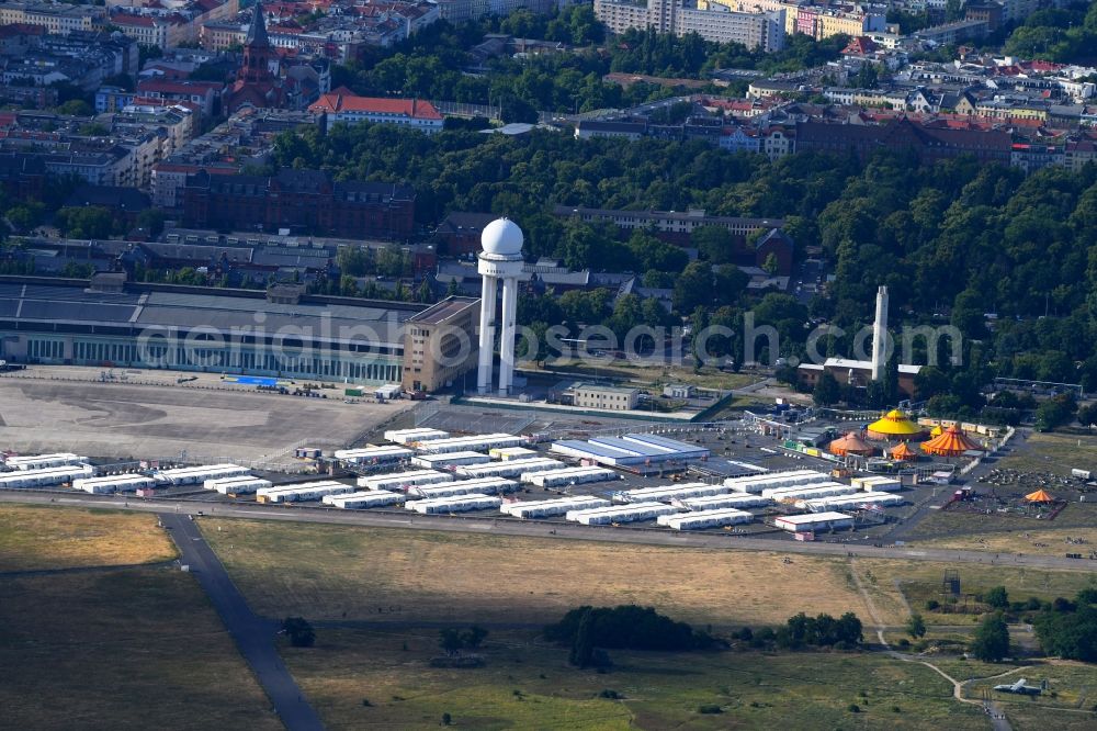 Berlin from the bird's eye view: Container settlement as temporary shelter and reception center for refugees on Columbiadamm in the district Tempelhof in Berlin, Germany