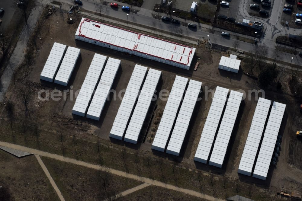 Aerial image Berlin - Container settlement as temporary shelter and reception center for refugees Dingolfinger Strasse - Walsheimer Strasse in the district Biesdorf in Berlin