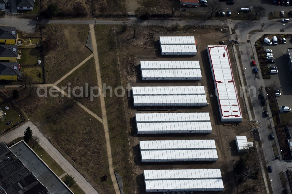 Berlin from above - Container settlement as temporary shelter and reception center for refugees Dingolfinger Strasse - Walsheimer Strasse in the district Biesdorf in Berlin