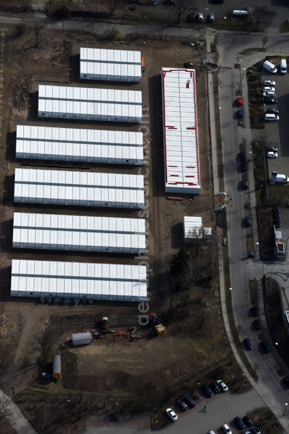 Aerial image Berlin - Container settlement as temporary shelter and reception center for refugees Dingolfinger Strasse - Walsheimer Strasse in the district Biesdorf in Berlin