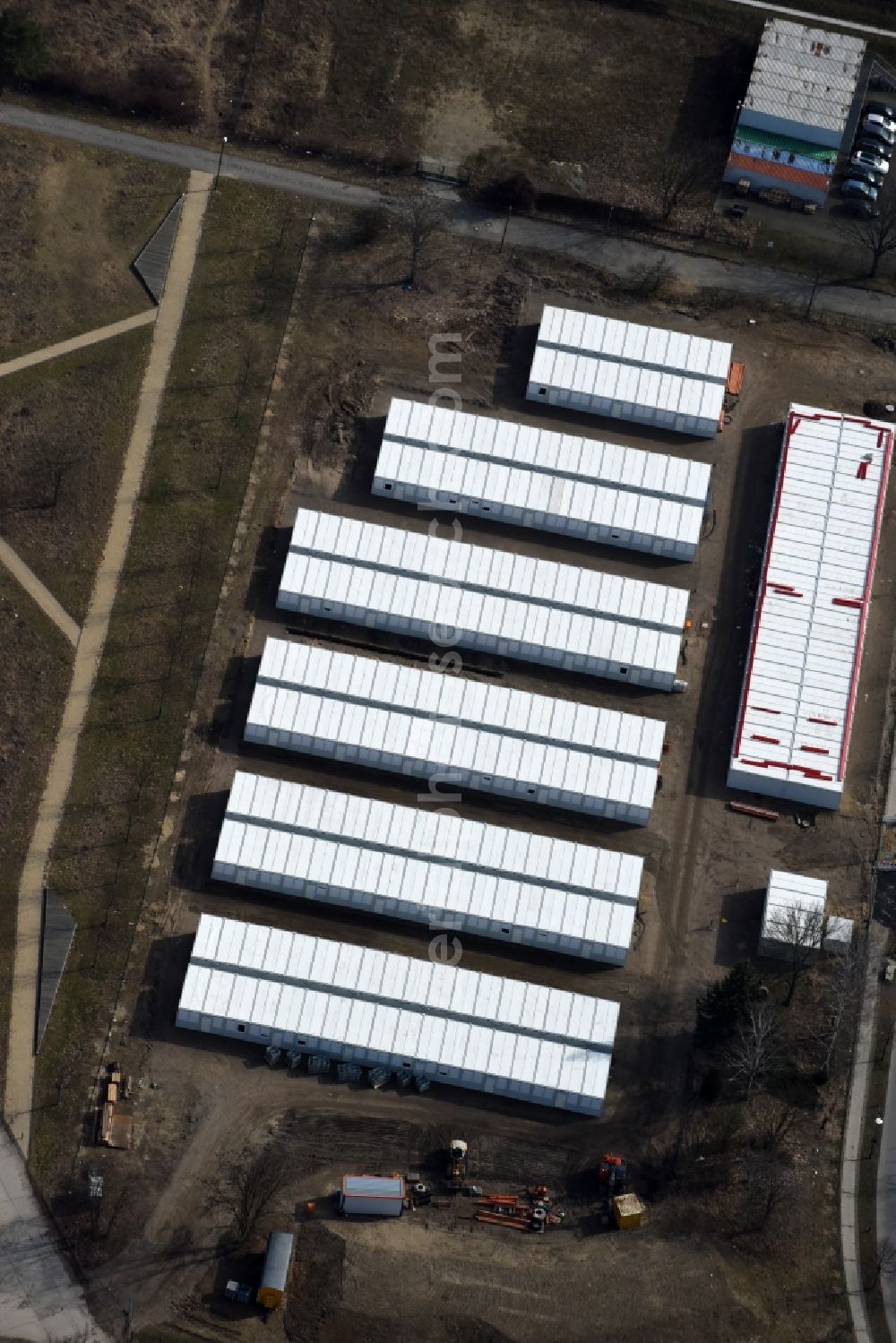 Berlin from above - Container settlement as temporary shelter and reception center for refugees Dingolfinger Strasse - Walsheimer Strasse in the district Biesdorf in Berlin