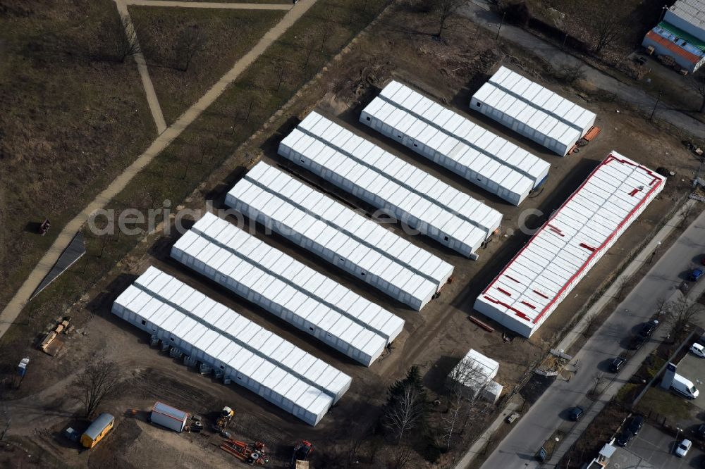 Berlin from above - Container settlement as temporary shelter and reception center for refugees Dingolfinger Strasse - Walsheimer Strasse in the district Biesdorf in Berlin