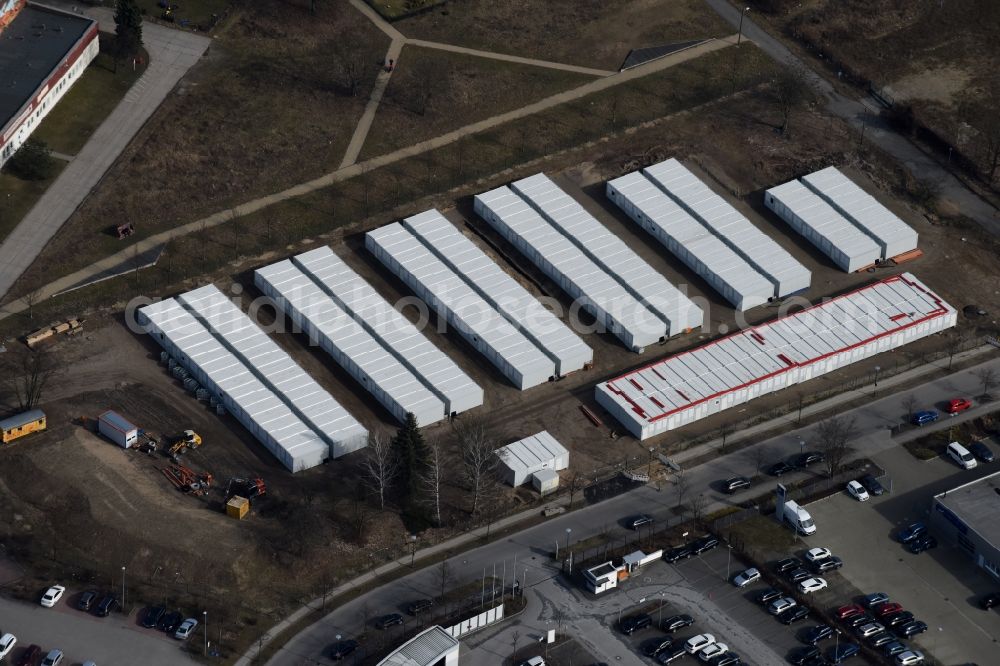 Berlin from above - Container settlement as temporary shelter and reception center for refugees Dingolfinger Strasse - Walsheimer Strasse in the district Biesdorf in Berlin