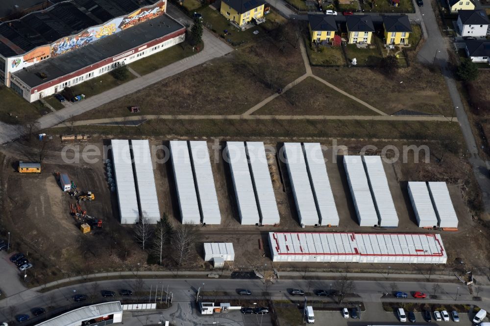 Aerial image Berlin - Container settlement as temporary shelter and reception center for refugees Dingolfinger Strasse - Walsheimer Strasse in the district Biesdorf in Berlin