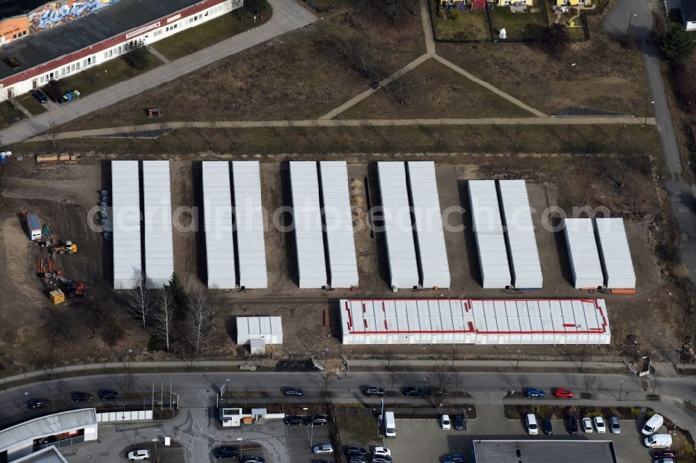 Berlin from above - Container settlement as temporary shelter and reception center for refugees Dingolfinger Strasse - Walsheimer Strasse in the district Biesdorf in Berlin