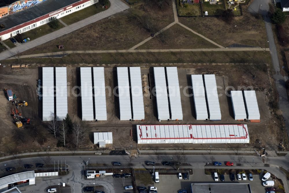 Berlin from the bird's eye view: Container settlement as temporary shelter and reception center for refugees Dingolfinger Strasse - Walsheimer Strasse in the district Biesdorf in Berlin