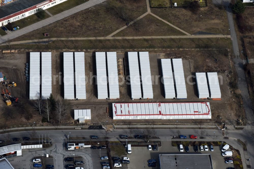 Aerial image Berlin - Container settlement as temporary shelter and reception center for refugees Dingolfinger Strasse - Walsheimer Strasse in the district Biesdorf in Berlin