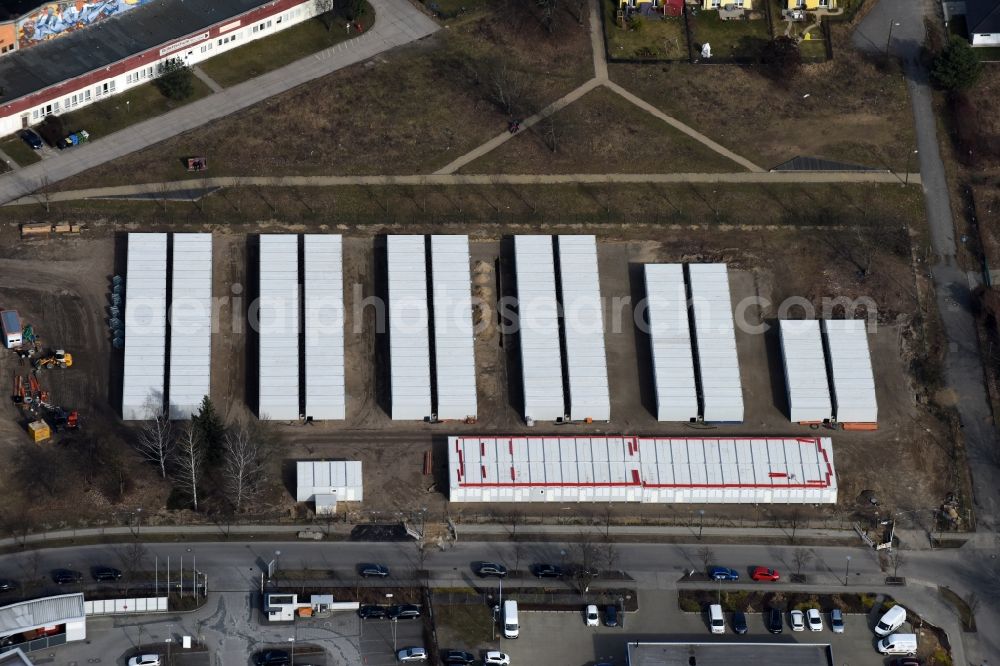 Aerial photograph Berlin - Container settlement as temporary shelter and reception center for refugees Dingolfinger Strasse - Walsheimer Strasse in the district Biesdorf in Berlin