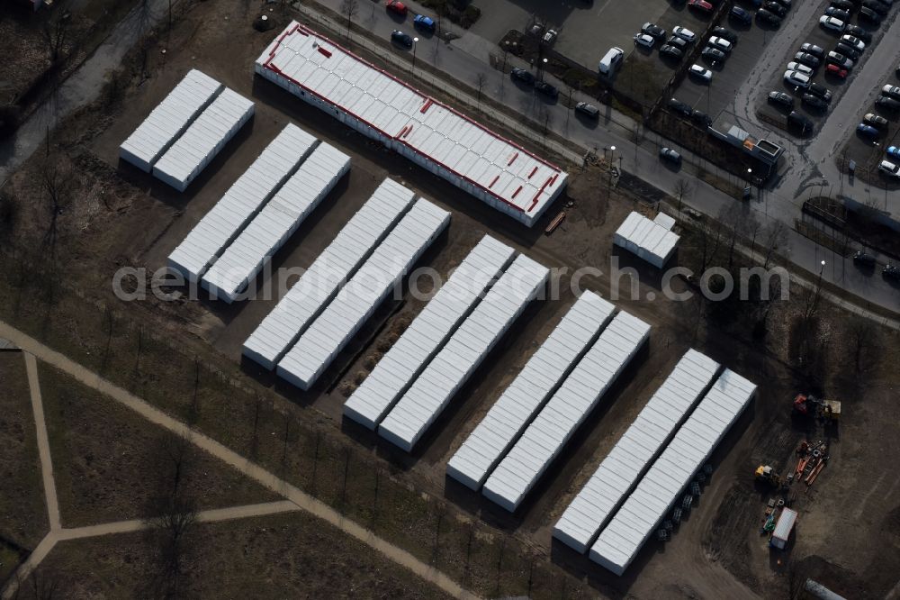 Berlin from above - Container settlement as temporary shelter and reception center for refugees Dingolfinger Strasse - Walsheimer Strasse in the district Biesdorf in Berlin