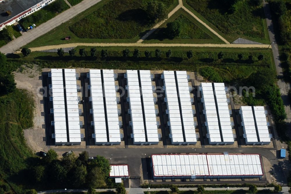 Berlin from the bird's eye view: Container settlement as temporary shelter and reception center for refugees Dingolfinger Strasse - Walsheimer Strasse in the district Biesdorf in Berlin