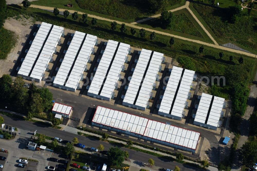 Aerial image Berlin - Container settlement as temporary shelter and reception center for refugees Dingolfinger Strasse - Walsheimer Strasse in the district Biesdorf in Berlin