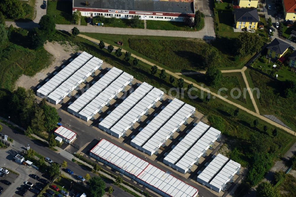 Aerial photograph Berlin - Container settlement as temporary shelter and reception center for refugees Dingolfinger Strasse - Walsheimer Strasse in the district Biesdorf in Berlin