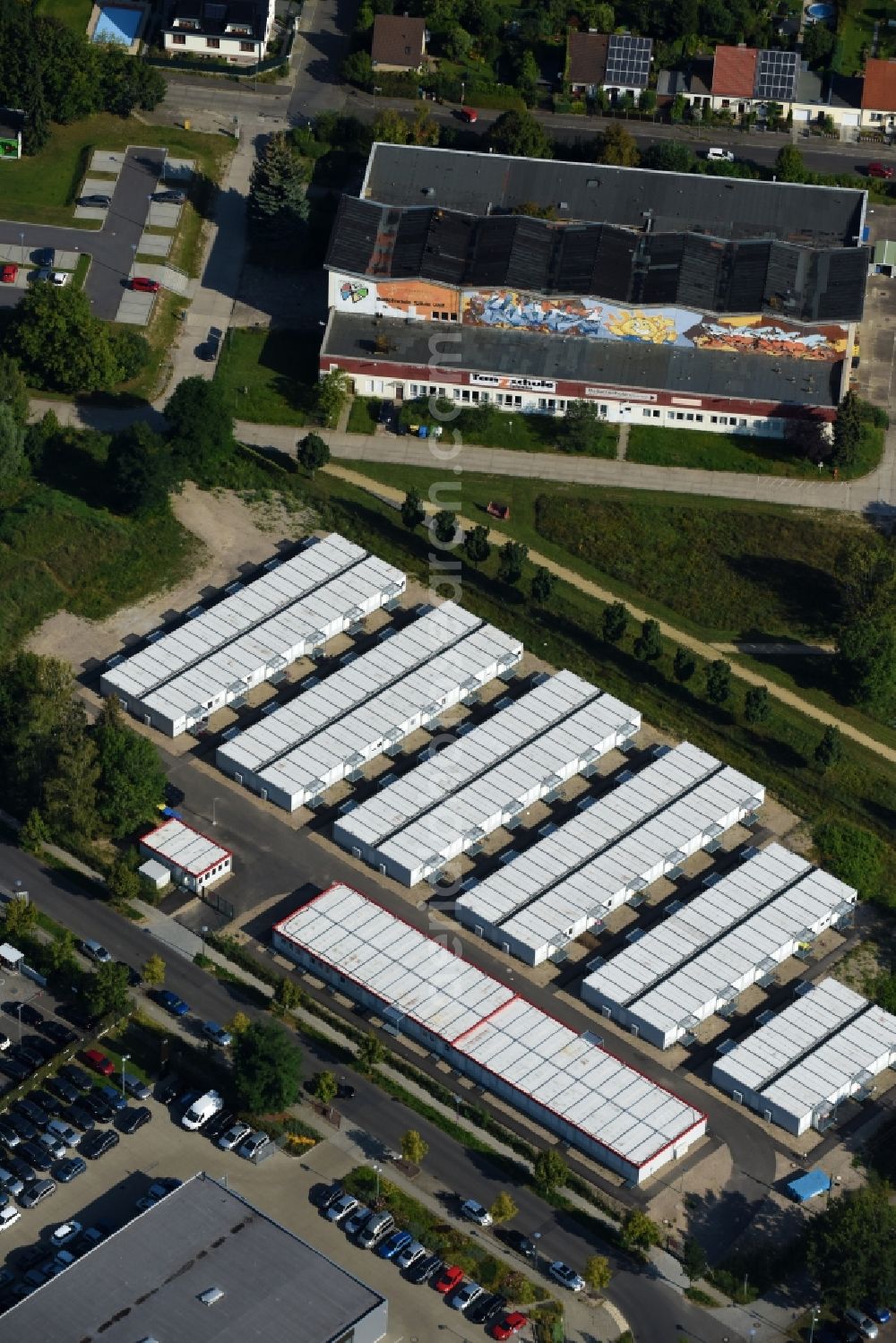 Berlin from above - Container settlement as temporary shelter and reception center for refugees Dingolfinger Strasse - Walsheimer Strasse in the district Biesdorf in Berlin