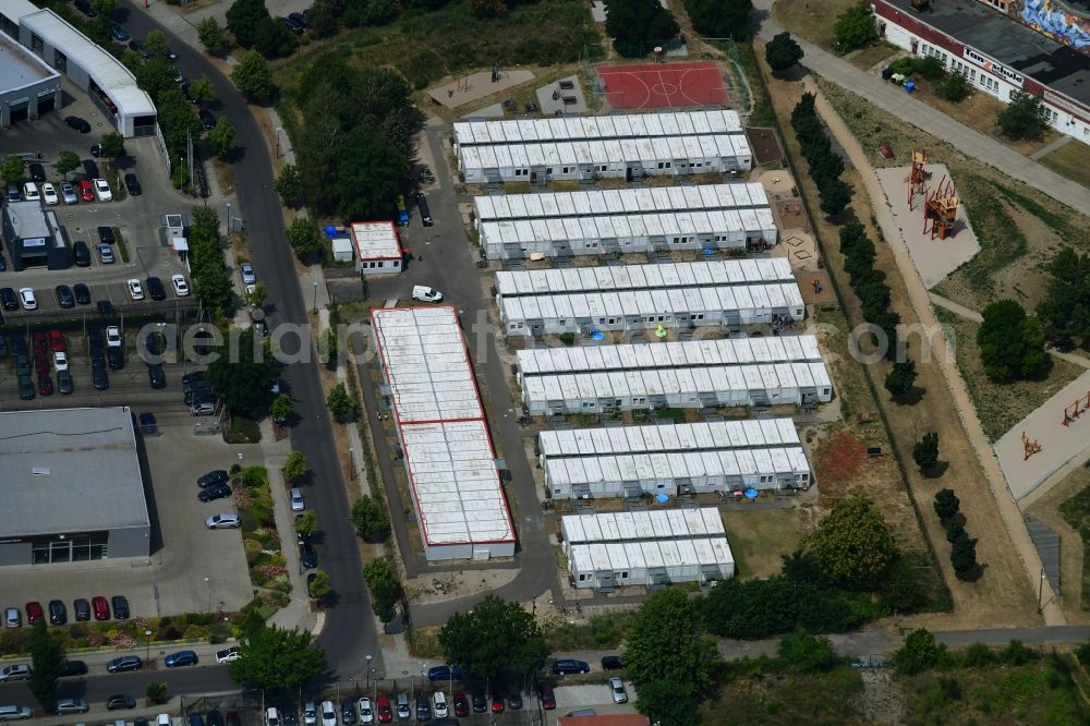 Aerial image Berlin - Container settlement as temporary shelter and reception center for refugees Dingolfinger Strasse - Walsheimer Strasse in the district Biesdorf in Berlin