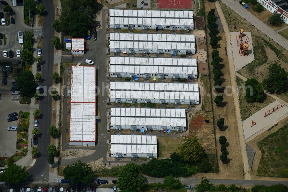 Aerial photograph Berlin - Container settlement as temporary shelter and reception center for refugees Dingolfinger Strasse - Walsheimer Strasse in the district Biesdorf in Berlin