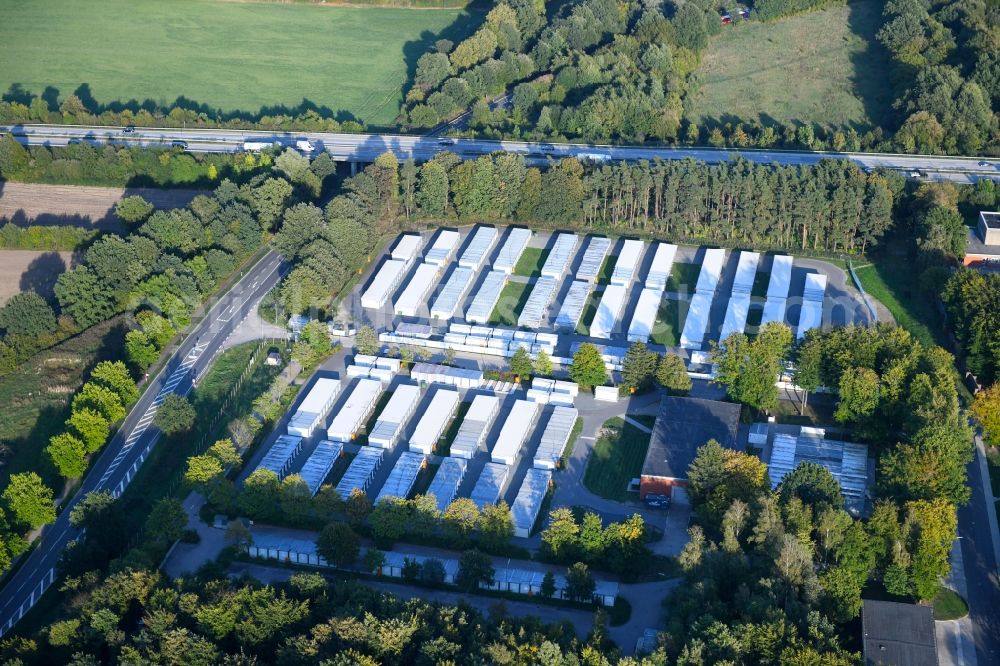 Aerial image Bad Segeberg - Container settlement as temporary shelter and reception center for refugees along the Leopardstrasse in Bad Segeberg in the state Schleswig-Holstein, Germany