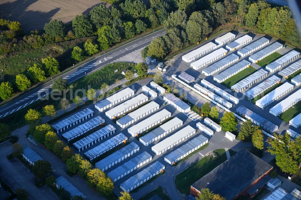 Bad Segeberg from above - Container settlement as temporary shelter and reception center for refugees along the Leopardstrasse in Bad Segeberg in the state Schleswig-Holstein, Germany