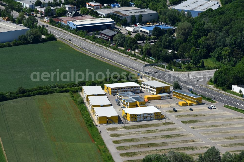 Ingolstadt from the bird's eye view: Container settlement as temporary shelter and reception center for refugees along the Manchinger Strasse in Ingolstadt in the state Bavaria, Germany