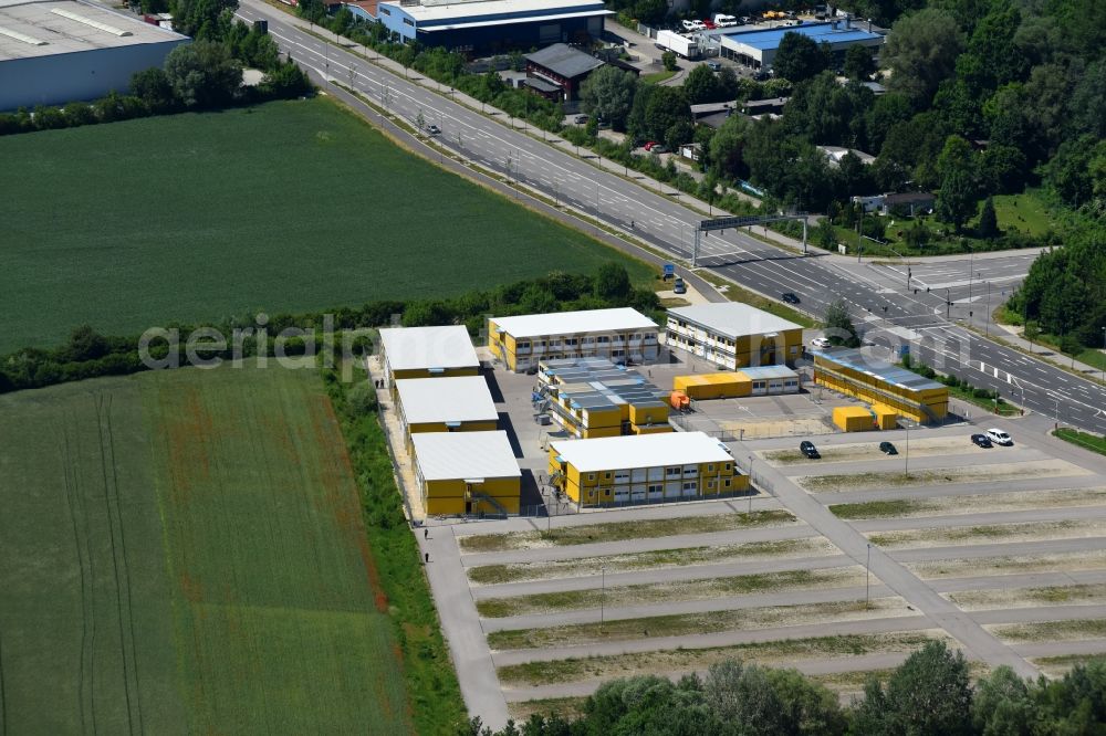 Ingolstadt from above - Container settlement as temporary shelter and reception center for refugees along the Manchinger Strasse in Ingolstadt in the state Bavaria, Germany