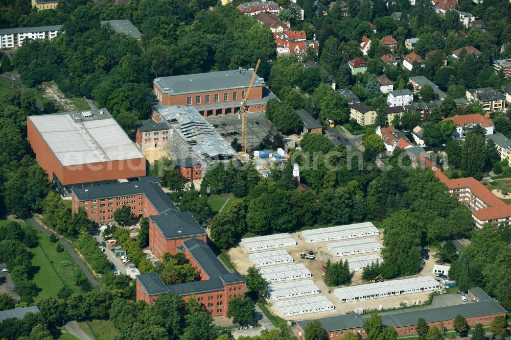 Berlin from above - Container settlement as temporary shelter and reception center for refugees Finckensteinallee in the district Steglitz in Berlin, Germany