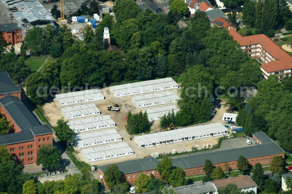 Berlin from the bird's eye view: Container settlement as temporary shelter and reception center for refugees Finckensteinallee in the district Steglitz in Berlin, Germany