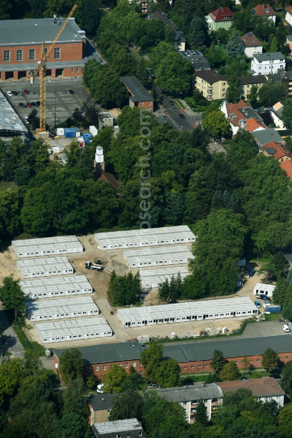 Aerial image Berlin - Container settlement as temporary shelter and reception center for refugees Finckensteinallee in the district Steglitz in Berlin, Germany