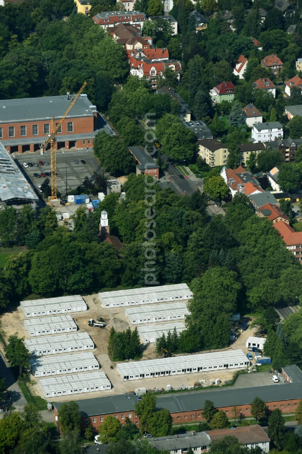 Aerial photograph Berlin - Container settlement as temporary shelter and reception center for refugees Finckensteinallee in the district Steglitz in Berlin, Germany