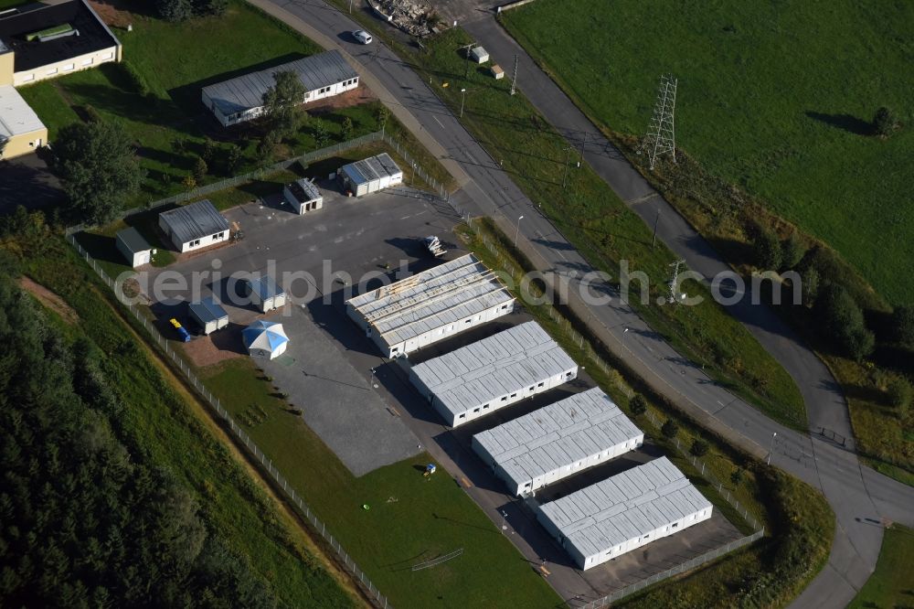 Jahnsdorf Erzgebirge from above - Container settlement as temporary shelter and reception center for refugees at the airfield in Jahnsdorf Erzgebirge in the state Saxony