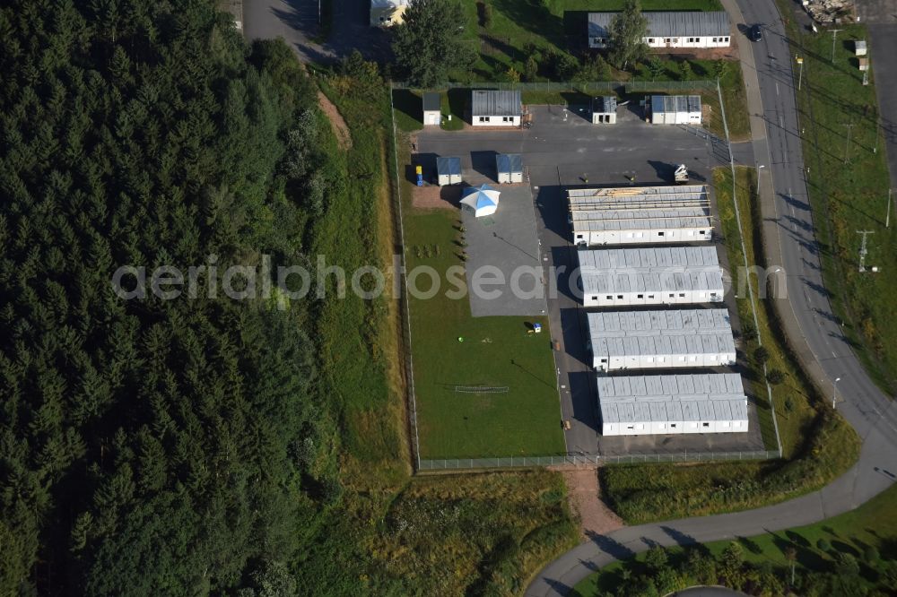 Jahnsdorf Erzgebirge from above - Container settlement as temporary shelter and reception center for refugees at the airfield in Jahnsdorf Erzgebirge in the state Saxony