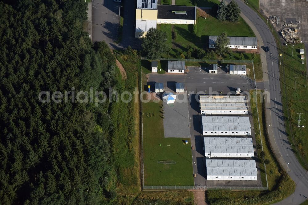 Jahnsdorf Erzgebirge from the bird's eye view: Container settlement as temporary shelter and reception center for refugees at the airfield in Jahnsdorf Erzgebirge in the state Saxony