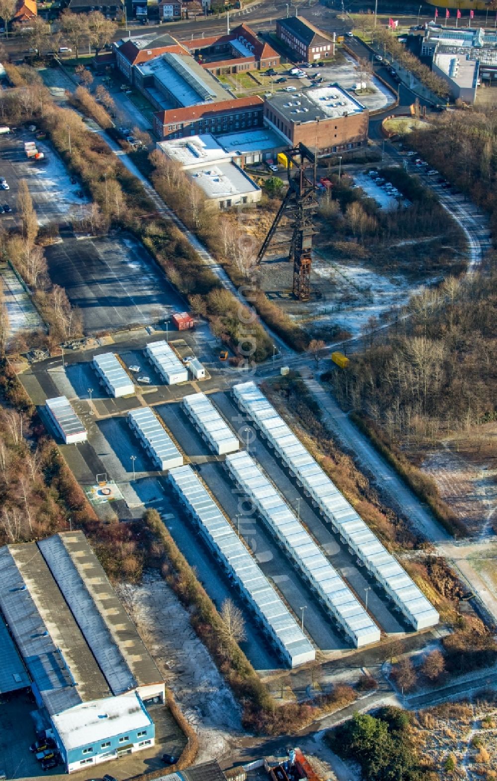 Bochum from above - Refugee's home and asylum lodging container settlement as a temporary accommodation and admission camp on the area of the former bill Holland in the district of Wattenscheid in Bochum in the federal state North Rhine-Westphalia