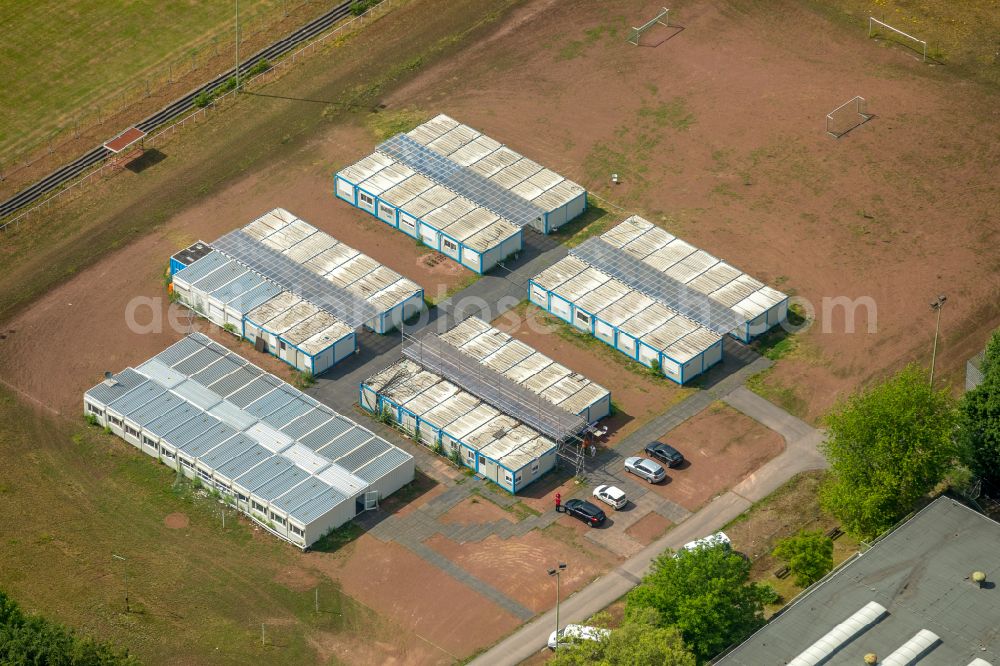 Aerial image Gladbeck - Container settlement as temporary shelter and reception center for refugees on street Enfieldstrasse in Gladbeck at Ruhrgebiet in the state North Rhine-Westphalia, Germany