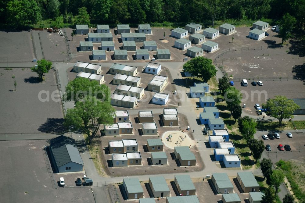 Herrenkrug from above - Container settlement as temporary shelter and reception center for refugees in Herrenkrug in Magdeburg in the state Saxony-Anhalt, Germany